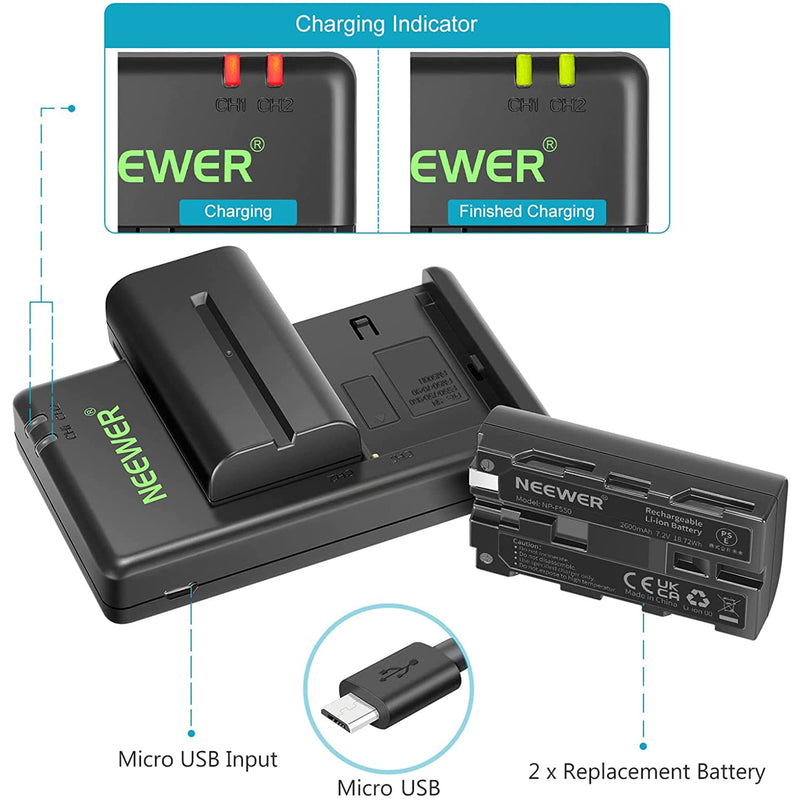 NEEWER NP-F550 Battery Charger Set Compatible with Sony NP-F970 F750 F770 F960 F550 F530 F330 F570 CCD-SC55 TR516 TR716 TR818 TR910 TR917, NEEWER Led Light/Monitor/Camera Slider (2 Pack, Black)