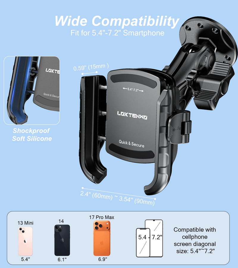 LOKTENWO Anti-Vibration Phone Mount Holder with Vibration Dampener | 1s Lock & Release Camera Friendly Aluminum AMPS Hole Round Base & Medium Arm for Car Truck UTV Boat, Fit 5.4''-7.2'' Phones