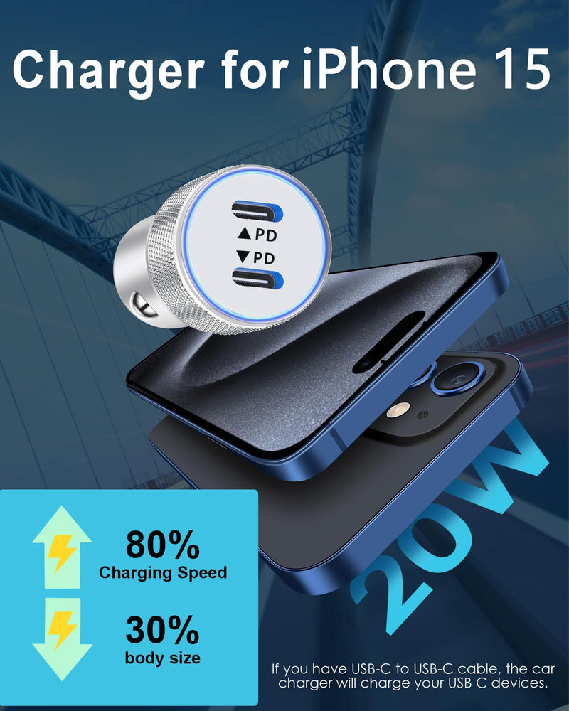 iPhone 15 Car Charger, 2Pack 40W Dual Port USB C Car Charger Adapter+ 2Pack 60W USB C to C Cable Fast Charging Syncing Cord for iPhone 15/15 Pro/15 Pro Max/15 Plus,iPad Pro/iPad Mini 6/iPad Air