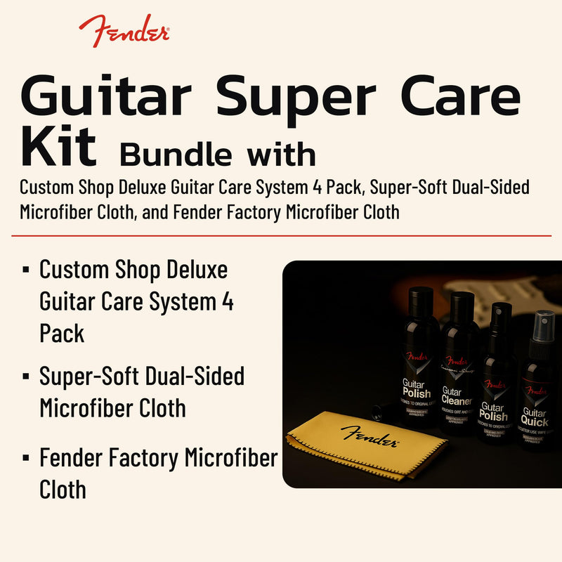 Fender Guitar Super Care Kit Bundle with Custom Shop Deluxe Guitar Care System 4 Pack, Super-Soft Dual-Sided Microfiber Cloth, and Fender Factory Microfiber Cloth Kit w/ Fender Microfiber Cloths