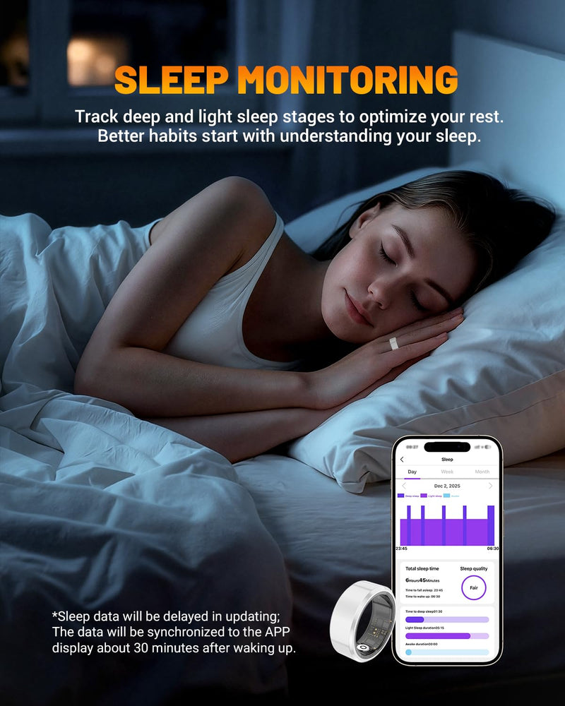 Ceramic Smart Ring Health Tracker with Charging Case Sleep, Heart Rate & SpO2 Monitor, 5ATM+IP68 Waterproof Fitness Ring for Men Women, No Subscription, 4-9Day Battery, iOS/Android Compatible White 7#