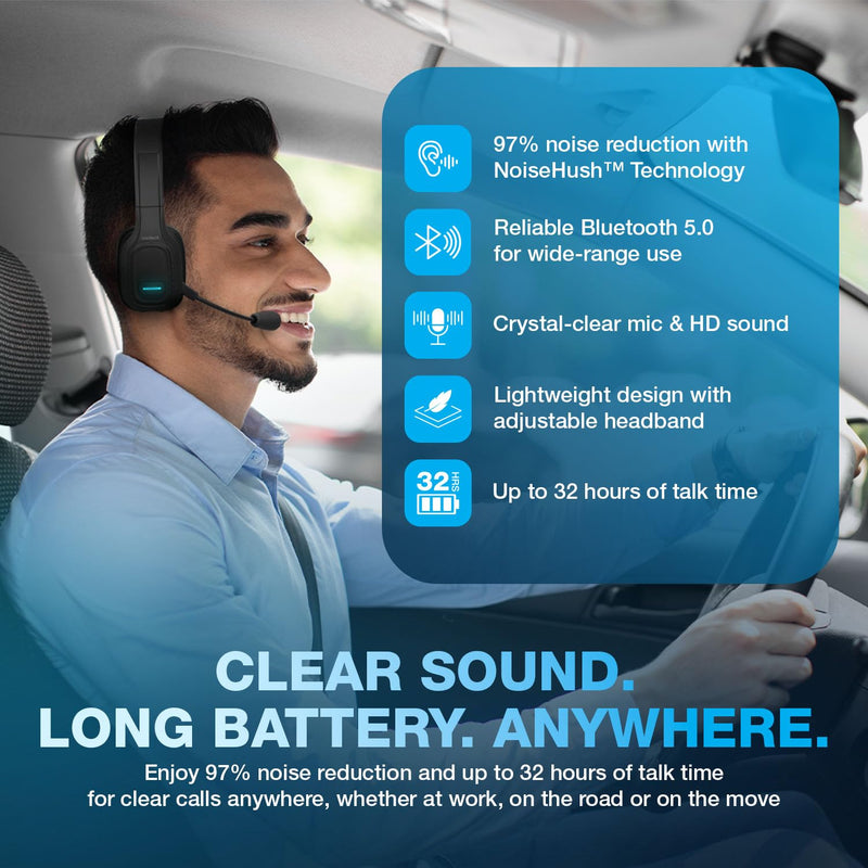 Naztech Trucker Bluetooth Headset with Microphone - Wireless Headset with Mic and Noise Canceling Technology, Adjustable Headband, for Truck Drivers, Home Office, Work and Driving