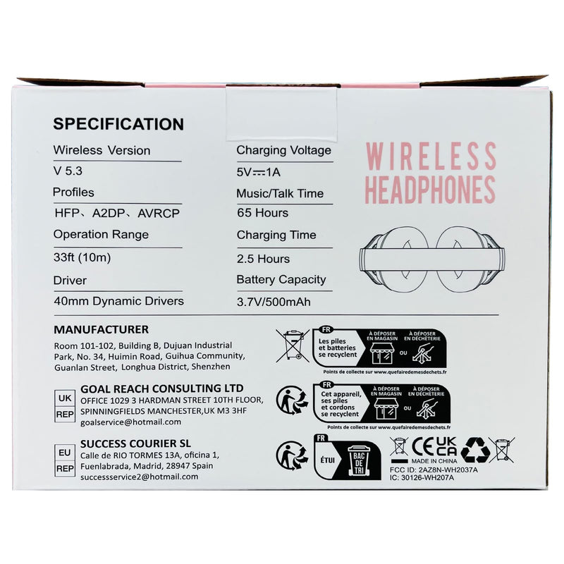 [AUSTRALIA] - Wireless Headphones Over Ear 65H Playtime HiFi Stereo Headset with Microphone and 6EQ Modes Foldable Bluetooth V5.3 Headphones for Travel Smartphone Computer Laptop Rose Gold WH207A 