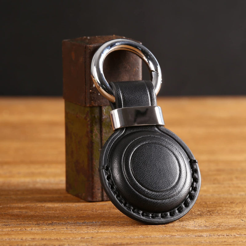 Genuine Leather Airtag Holder Suitable for Apple Airtag Keychain Leather, Secure Air Tag Holder with Stainless Steel Ring Lock, Durable Airtag Case Cover Key Ring - Black V2.0 (No Hole) Black V2.0 (No Hole)