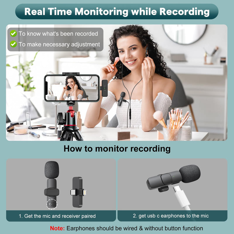 MAYBESTA Wireless Mini Microphone for iPhone, Android Phone - 2 Pack Lavalier Lapel Mic for Audio Video Recording - Clip on Content Creator Microphones for YouTube Tiktok Podcast Vlogging USB-C & Lightning(All iPhones + Androids)