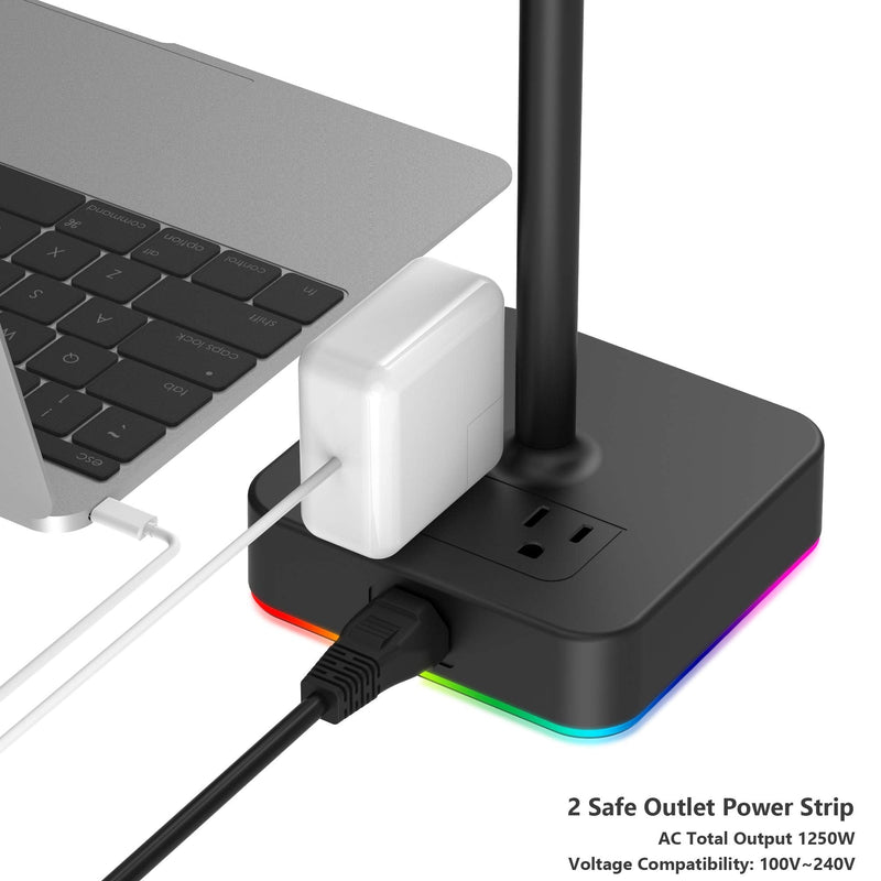 KAFRI RGB Headphone Stand with USB A&C Charger Desk Gaming Headset Holder Hanger Rack with 3 USB Charging Port and 2 Outlet - Suitable for Gamer Desktop Table Game Earphone Accessories Boyfriend Gifts A-ONE STAND