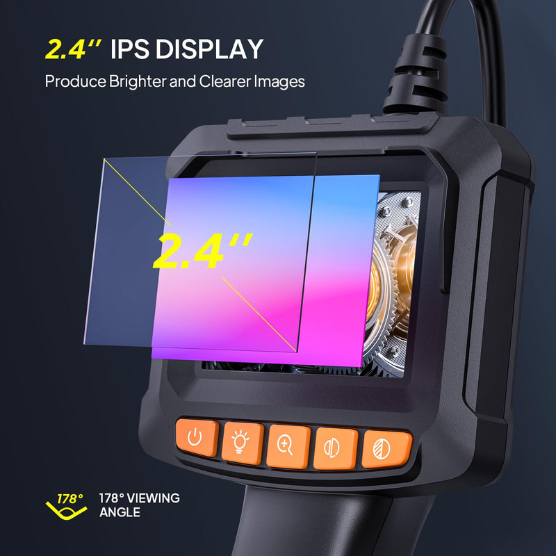 Qimic Endoscope Camera with Light, 1080P HD Tube Camera with 8 LEDs, 2.4 Inch IPS IP67 Screen, Inspection Camera, Live Picture with 2 x Zoom, Semi-Rigid Cable, 16.4 ft, 2000 mAh Battery 5m/16.4ft