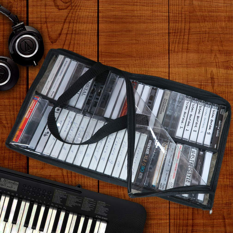 [AUSTRALIA] - Evelots Cassette Tape Bag -See Thru Organizer Storage with Handles - Easy Carrying Case - No Dust or Moisture - Holds 50 Tapes with cases 