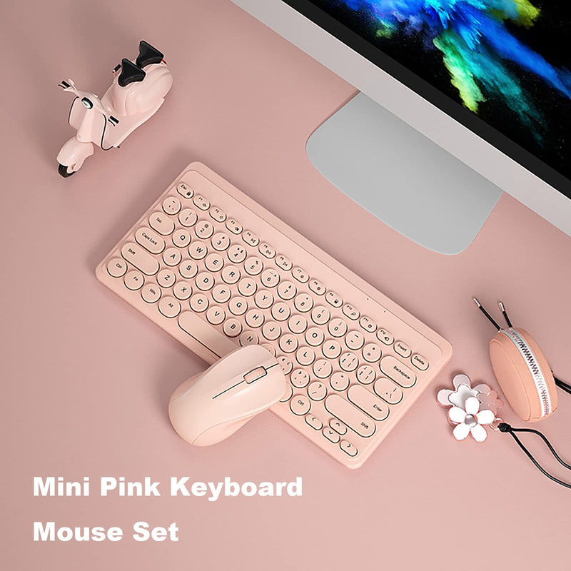 Compact Keyboard MouseCombo,JieruiDeng 79-Key Retro Mini Cute Computer Keyboard 2.4G USB Wireless and Silent Mice Set for Laptop Desktop PC iPad (Pink) Pink