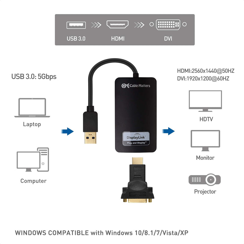 Cable Matters USB 3.0 to HDMI Adapter, USB to HDMI, Black | SuperSpeed USB 3.0, Compatible with Windows, up to 1440p