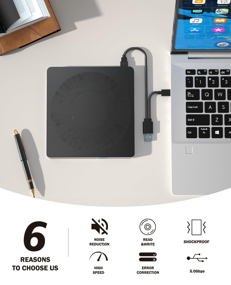 Wbacon External CD/DVD Drive for Laptop, 5 in 1 LightScribe DVD Burner | External CD/DVD Drive for PC, USB 3.0 External DVD Drive, DVD Reader Disc Drive for Windows XP/7/8/10/11 Mac Laptop Desktop