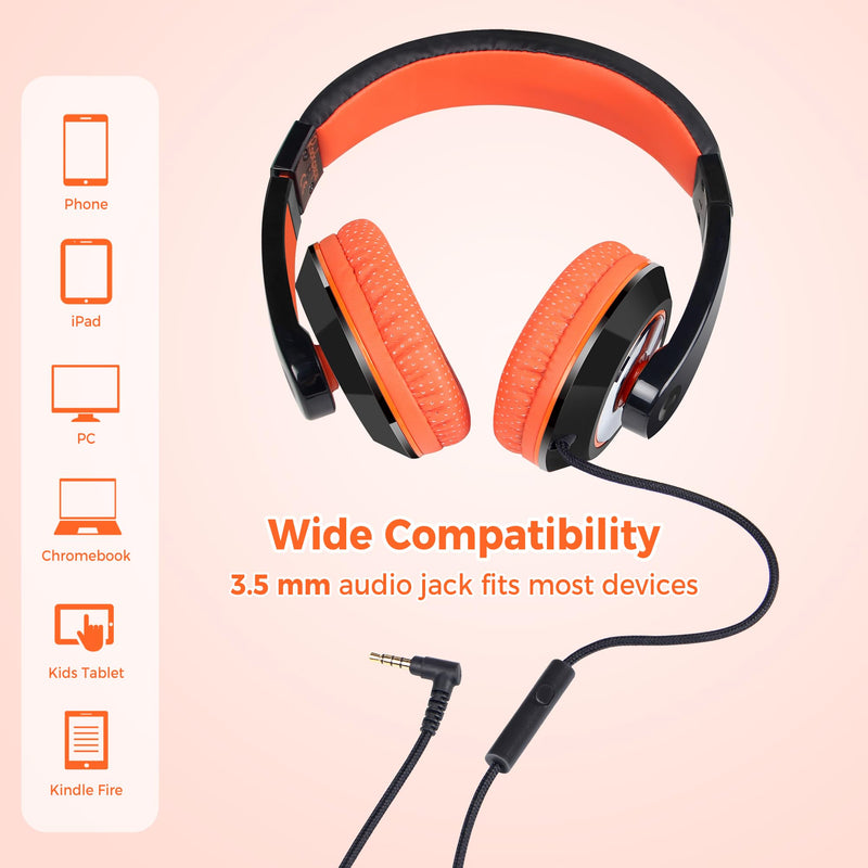 rockpapa 2Pcs Wired Kids Headphones with Microphone & 3.5mm Cord for School | Lightweight Corded Foldable Childs Boys Girls Youth Head phones for Airplane Classroom Tablets Phones Laptop PC Blue+Orange Blue/Black/Orange/Black