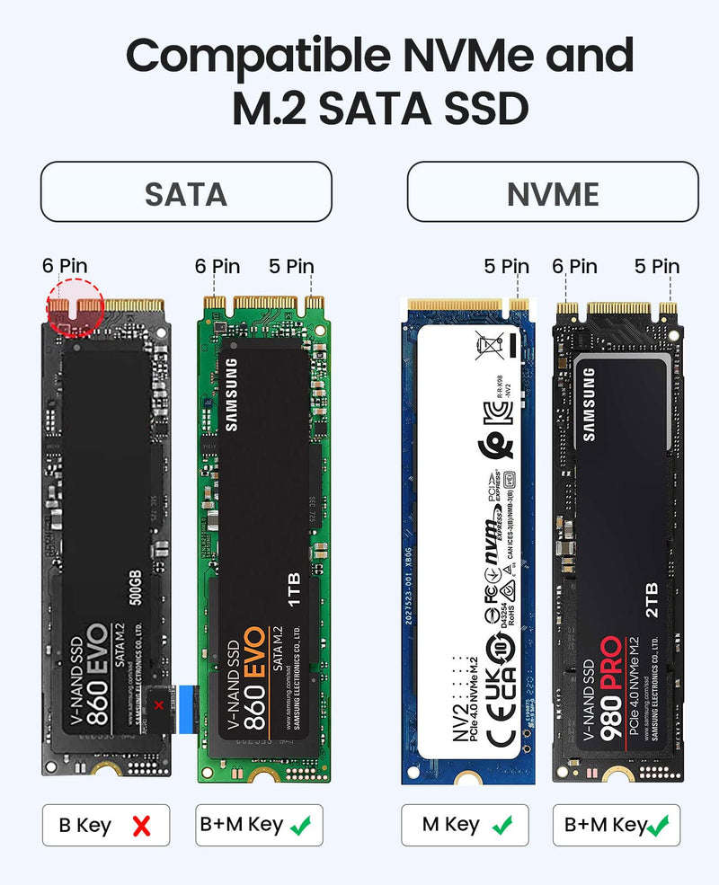 ORICO M.2 NVMe SATA SSD Enclosure Adapter Tool-Free, USB C 3.2 Gen 2 10Gbps NVME, 5Gbps NGFF SATA PCIe M-Key(B+M Key) 2230/2242/2260/2280, Aluminum External M2 Reader Support UASP Trim