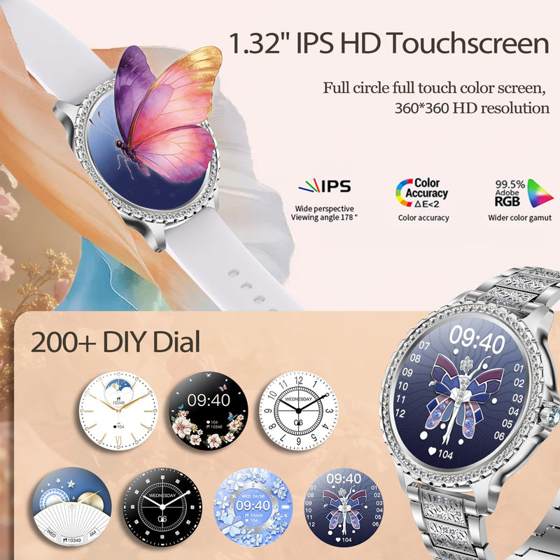 Smart Watch for Women with Diamonds, Bluetooth Calls, 1.32'' Full HD Screen Fitness Tracker with Multiple Sports Modes/Heart Rate/Sleep Monitor, IP68 Waterproof for Android iOS, Elegant Silver