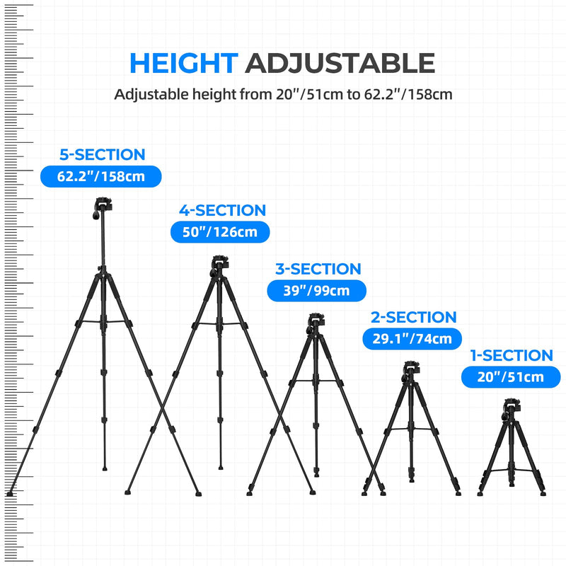 Ambitful 62" Professional Camera Tripod | Removable Horizontal Mount for DSLR/Phone/Camcorder/Spotting Scopes, Tall Video Recording