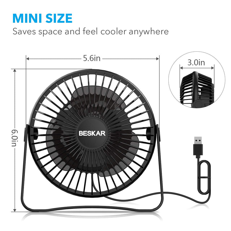 BESKAR USB Small Desk Fan - 6 Inch Portable Fans with 3 Speeds Strong Airflow, Quiet Operation and 360°Rotate, Personal Table Fan for Home,Office, Bedroom - 3.9 ft Cord Black
