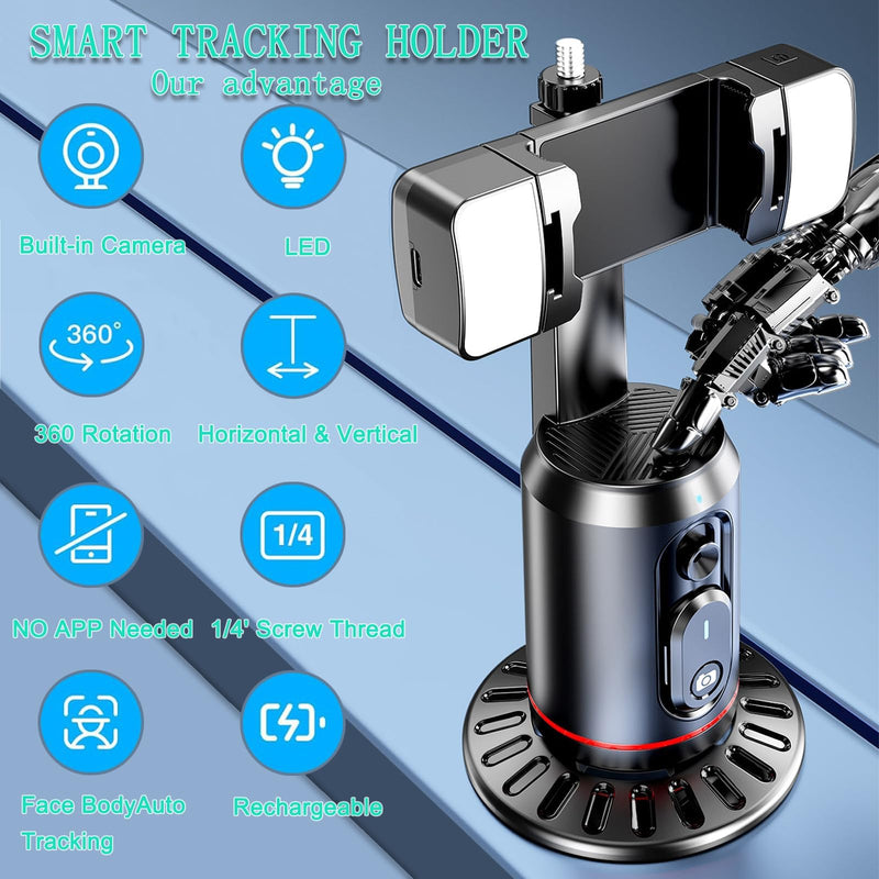 Auto Face Tracking Tripod 360° Rotating Auto Tracking Phone Stand, No App, Gesture Control Smart Shooting Camera Mount with Selfie Light and Remote for Live Vlog Streaming Video Tiktok-Rechargeable