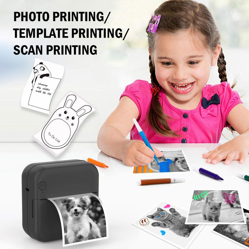 Mini Sticker Printer - Mini Pocket Printer for iPhone Thermal Printer with 10 Rolls Thermal Paper for Journal, Memo, Photo, Black