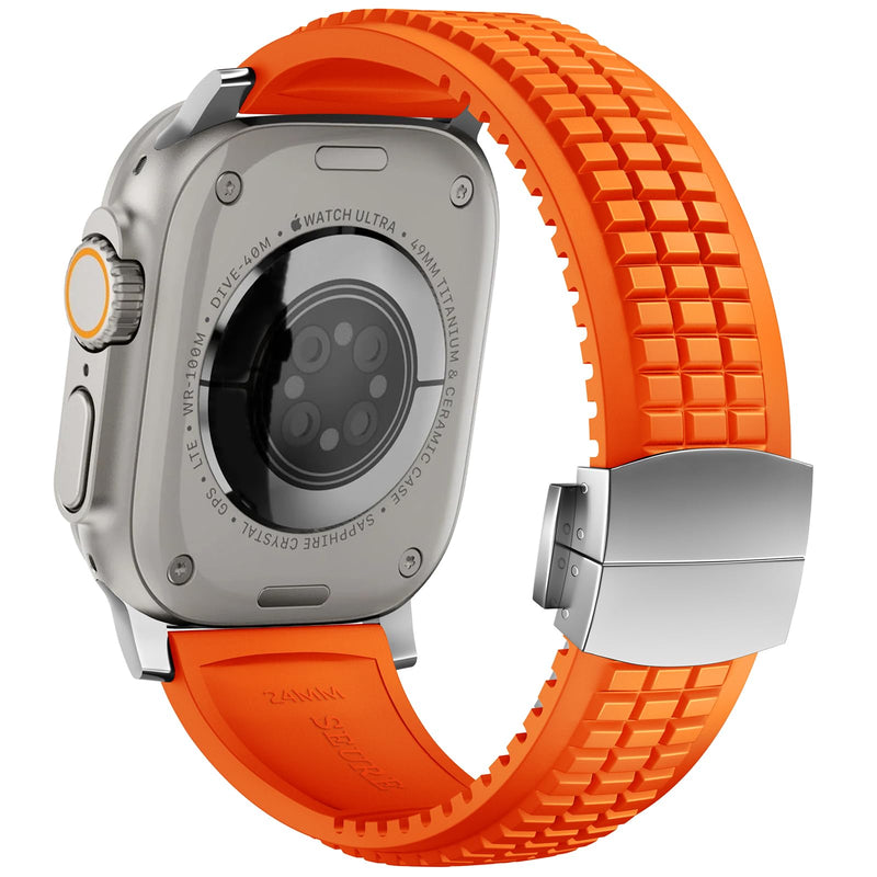 FKM Rubber Band Compatible with Apple Watch Ultra 2 Bands for Men 49mm 46mm 45mm 44mm, Luxury Rugged Silicone Strap with Metal Connector for iWatch Series 10 9 8 7 6 5 4 3 2 1 SE Orange-Silver 49mm/46mm/45mm/44mm/42mm(Series 3 2 1)