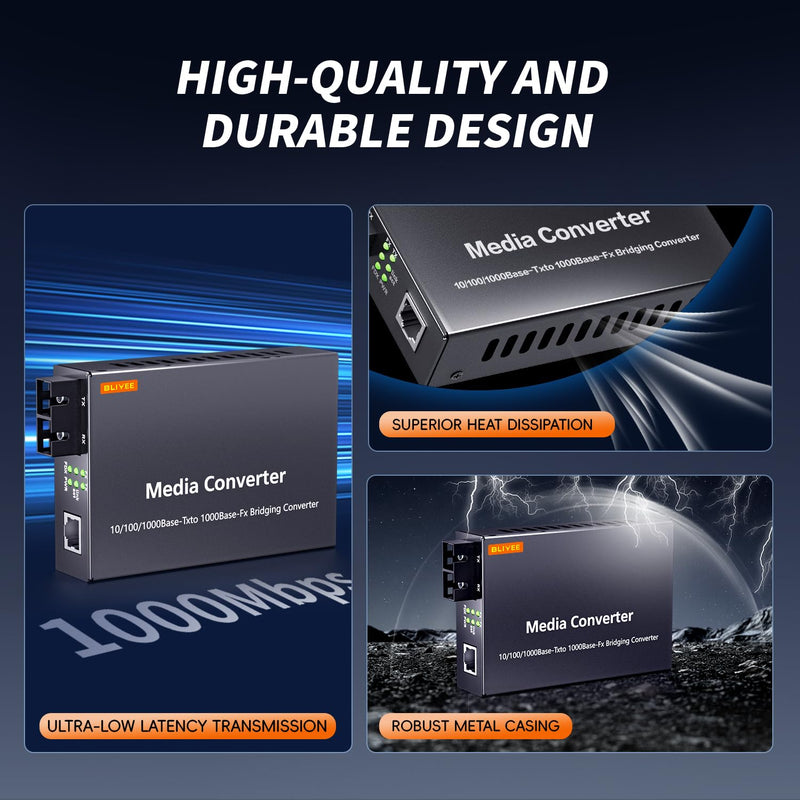 Gigabit SingleMode Fiber to Ethernet Media Converter, Dual SC Fiber, 1000Base-LX to 10/100/1000Base-Tx Gigabit SMF Fiber SC to Copper RJ45 Ethernet Converter, up to 20km, UL Certified Gigabit Single Mode Fiber to Media Converter