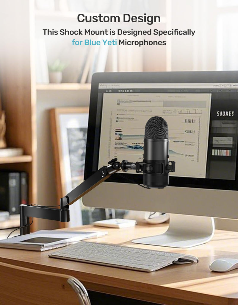 Custom Built for Blue Yeti Shock Mount with Pop Filter, 2025 Upgrade Anti-Vibration Suspension Elastic Shock Mount Holder Clip Mics Stand with Screw Adapter Compatible with Yeti Microphone Blue Yeti Shock Mount with Windscreen
