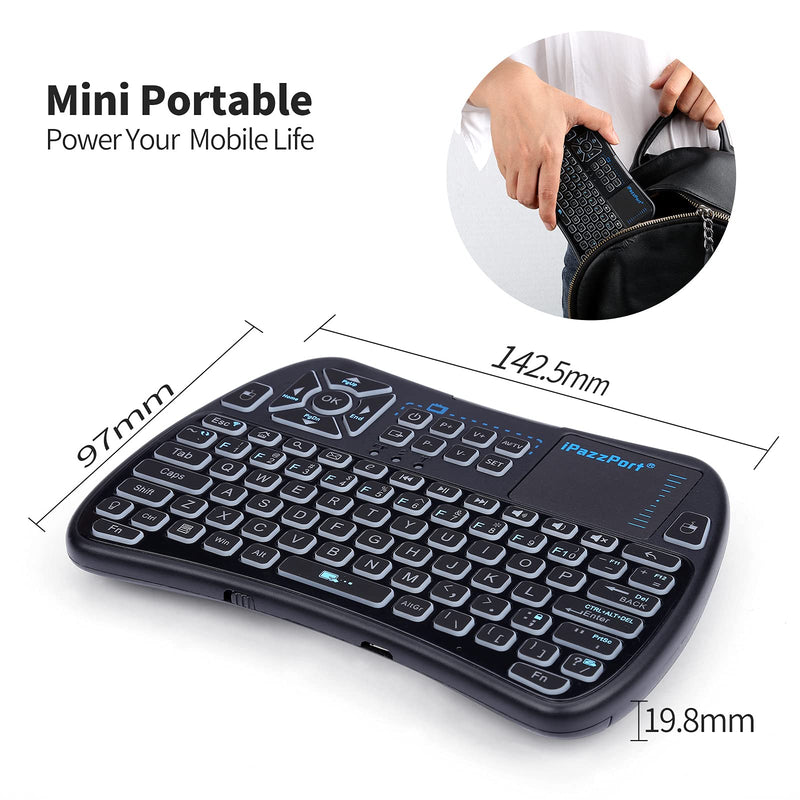 iPazzPort Backlit Mini Keyboard Bluetooth touchpad, Mini 2.4Ghz Keyboard Rechargeable, IR Learning Remote Keyboard for Google/Android TV Box, Raspberry Pi, Smart TV KP-61SM black