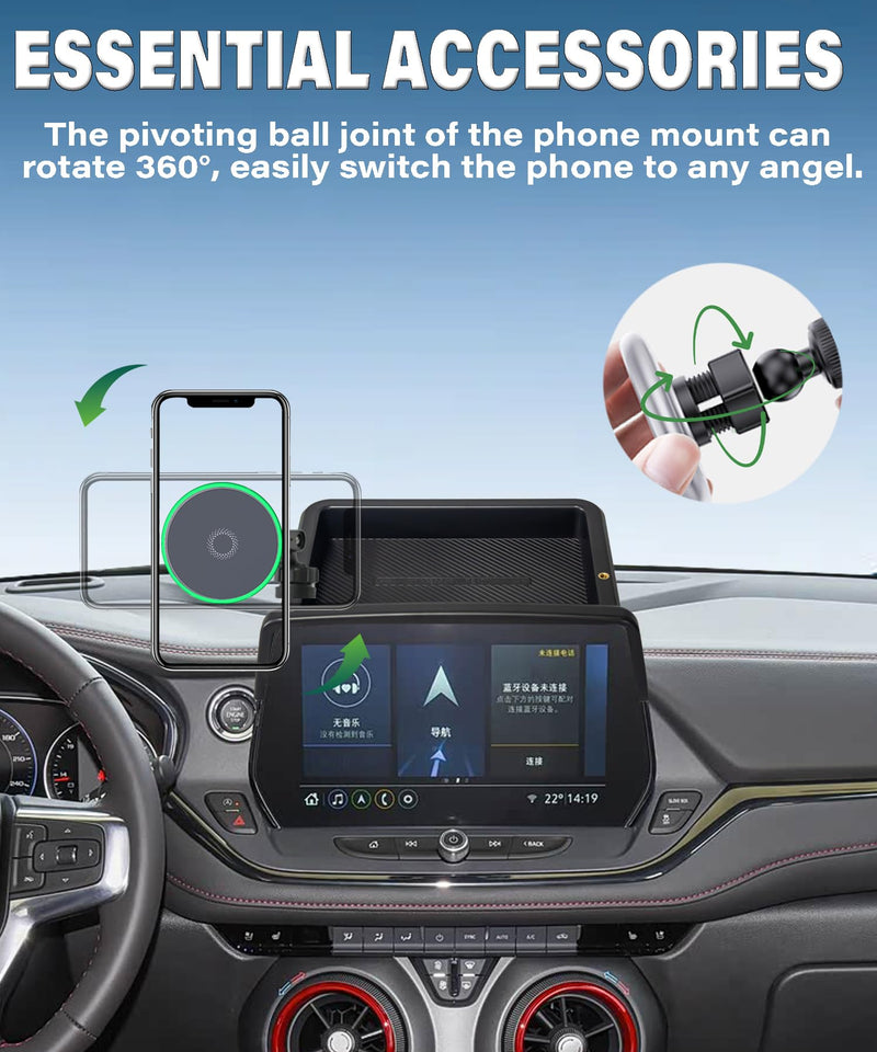 Car Phone Mount for Chevrolet Blazer 2023 2024 2025 2026 Accessories | 10.2-in Screen Clip-On 360° Rotatable MagSafe 15W Fast Wireless Charger Cell Phone Holder, 3D Fit Navigation Cradle for 2023-2026 Blazer(10.2 Inch+Storage Tray)