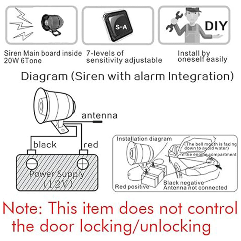 12V Car Alarm System, Anti-Theft Horn Siren with 7-Levels Sensitivity Universal Security Protection System Vehicle Alarm System with Sound