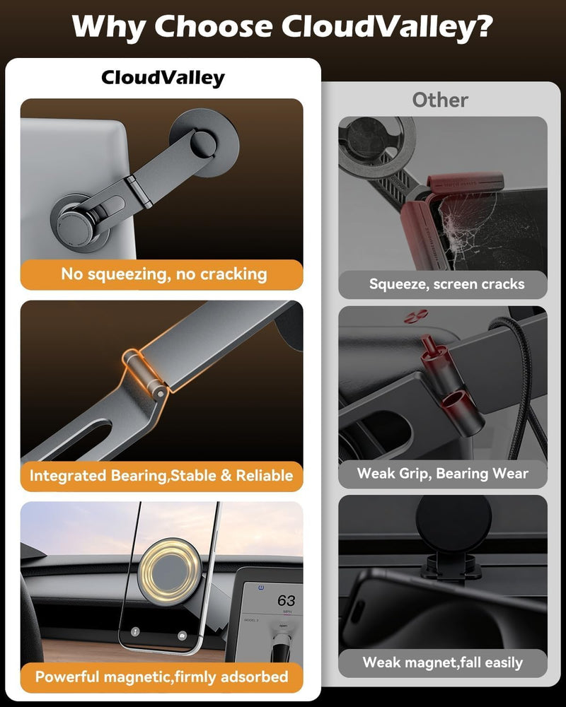 Tesla Model 3/Y Phone Mount, Magnetic Car Metal Holder with Strong Magnet | 【Foldable & Extendable Hidden Design】Tesla Screen Stand for 3/Y/S/X/Cybertruck, Designed for MagSafe iPhone