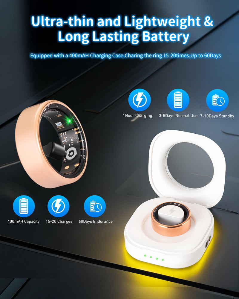 Smart Rings for Women Men, Smart Ring Tracker with Blood Oxygen/Blood Pressure/Heart Rate/Sleep Monitor/Step Counter/Gesture Control/IP68 Waterproof Fitness Tracker, Stainless Steel Rose Gold 11#