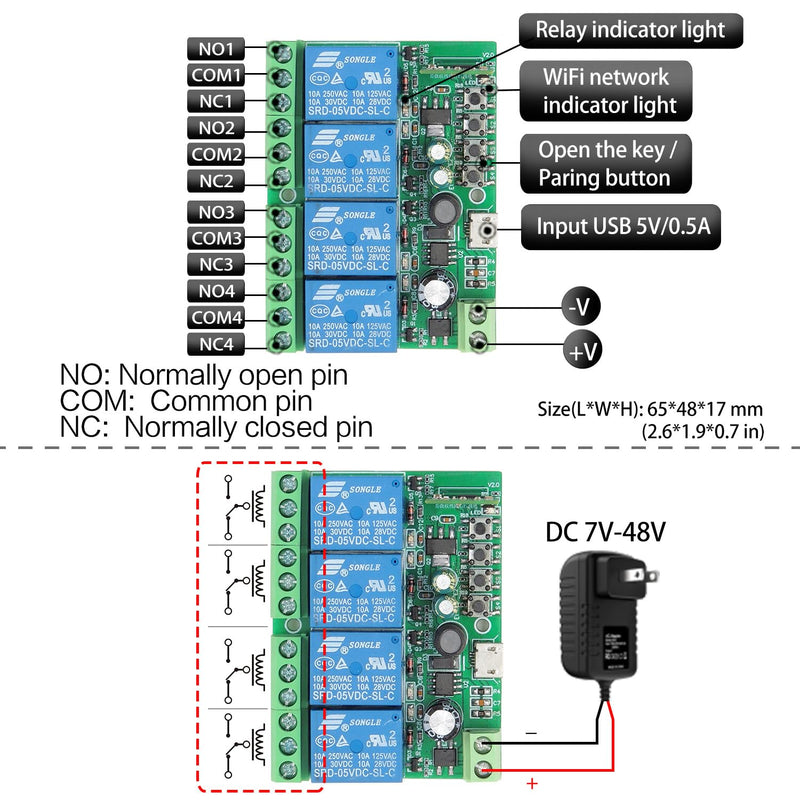 [AUSTRALIA] - DieseRC 4 Channels WiFi Smart Switch with Bluetooth Transmitter, DC 5V 12V 24V 36V Passive Output Relay Module Ewelink APP WiFi Control Compatible with Alexa/Google Home, Inching/Self-Locking Switch TEW-4CHx1 