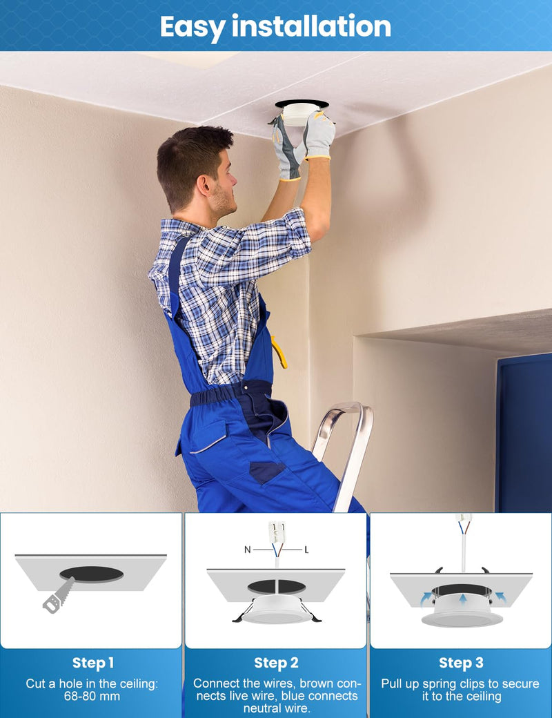 COTLEDL LED Recessed Spotlight, 230 V Flat, 10 LED Spotlights, 5 W, Neutral White, 4000 K, 68-80 mm Hole Size, IP44 Bathroom Recessed Lights, 450 LM Ceiling Spotlights for Bathroom, Living Room Neutral White 4000k Set of 10