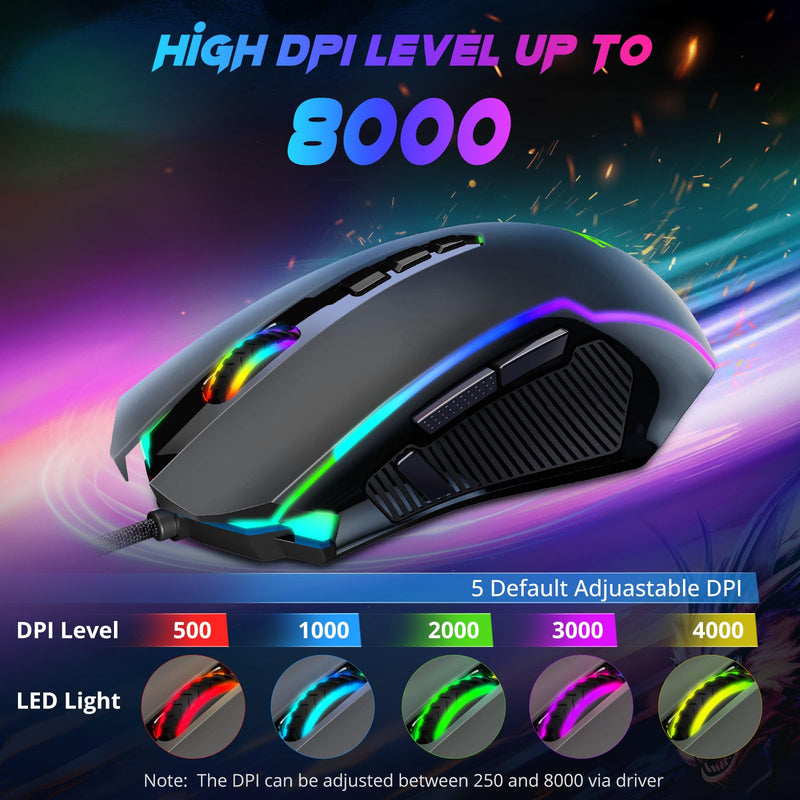 Redragon Gaming Mouse, Wired Gaming Mouse with RGB Backlit, 8000 DPI Adjustable, Mouse with 9 Programmable Macro Buttons & Fire Button, Software Supports DIY Keybinds, M910-K Black