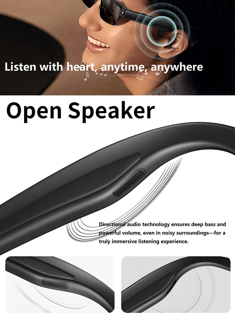 AI Smart Glasses with 8MP HD Camera Recording Voice Assistant Real-Time AI Translation Open-Ear Audio Music Noise Canceling Mic Object Recognition Bluetooth Glasses for Men Women Silver-Clear lens glasses