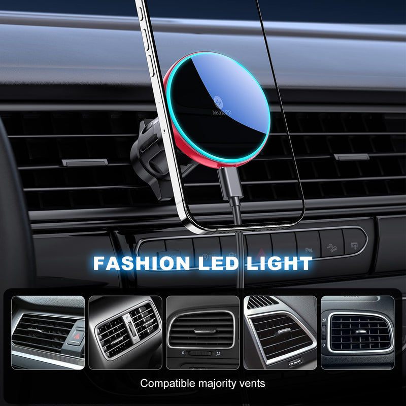 for Mag-Safe Car Mount Charger Dash Windshield Vent Magnetic Phone Holder | Wireless Car Charger with LED Light Car Phone Holder for iPhone 17 16 15 14 13 12 Series for MagSafe Red
