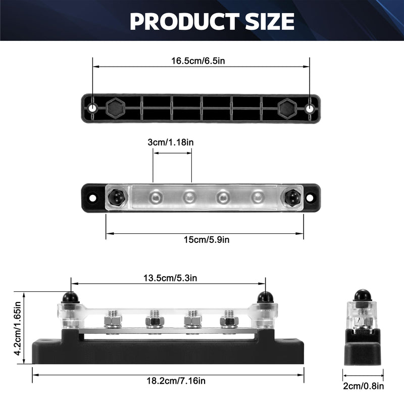 QIMEI-SHOP Busbar 12V-48V DC Busbars Distribution Block Power Distribution Block 150A Busbar with 6 x M6 Connection Bolts for Car RV Boat Black M6 Schwarz