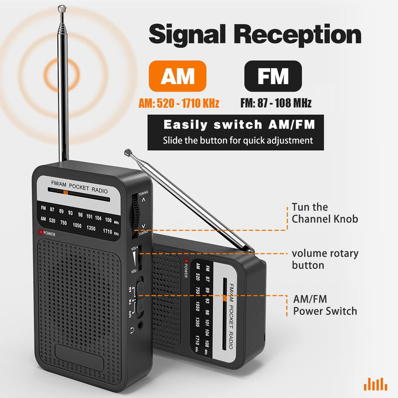 Portable Radio AM FM, Goodes Transistor Radio with Loud Speaker, Headphone Jack, 2AA Battery Operated Radio for Long Range Reception, Pocket Radio for Indoor, Outdoor and Emergency Use Black