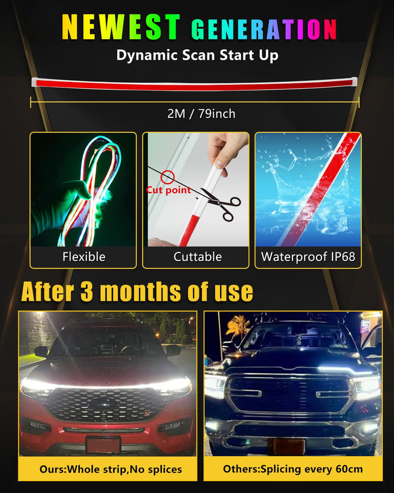 [AUSTRALIA] - RGB Hood Light Strip with Sequential Turn Signal Indicator Function Waterproof Multicolor Dynamic Scan Start Up Hoodbeam Kit for Cars, Truck, SUV, with APP Control, 12V 79inch/2M (1Set) Dynamic Multicolor 79 inches 