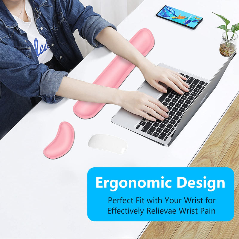 DAPESUOM Keyboard Wrist Rest Pad, Mouse Wrist Rest Support, Ergonomic Mouse Pad, Upgrade Cleanable PU Leather Keyboard Wrist Pillow Rest Pad, Widened Memory Foam Set, Easy Typing, Pain Relief, Pink