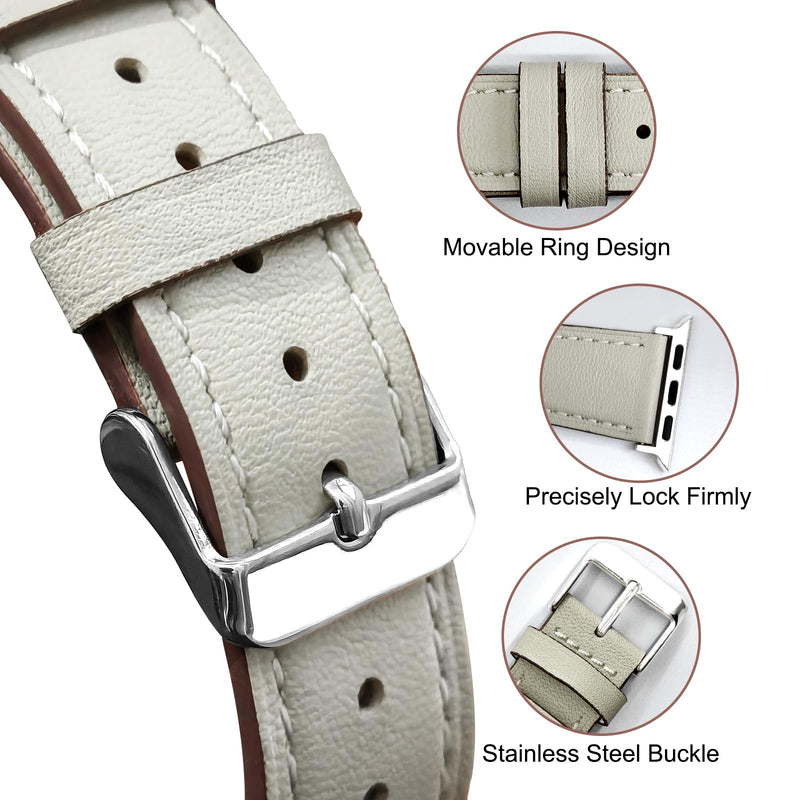 2 Pack Leather Bands Compatible with Apple Watch(Rice white and Blue) 40/38/41/42/44/45/46/49mm, Soft Leather Watch Replacement Band for Watch Series Ultra SE 10 9 8 7 6 5 4 3 2 1 for Women Men