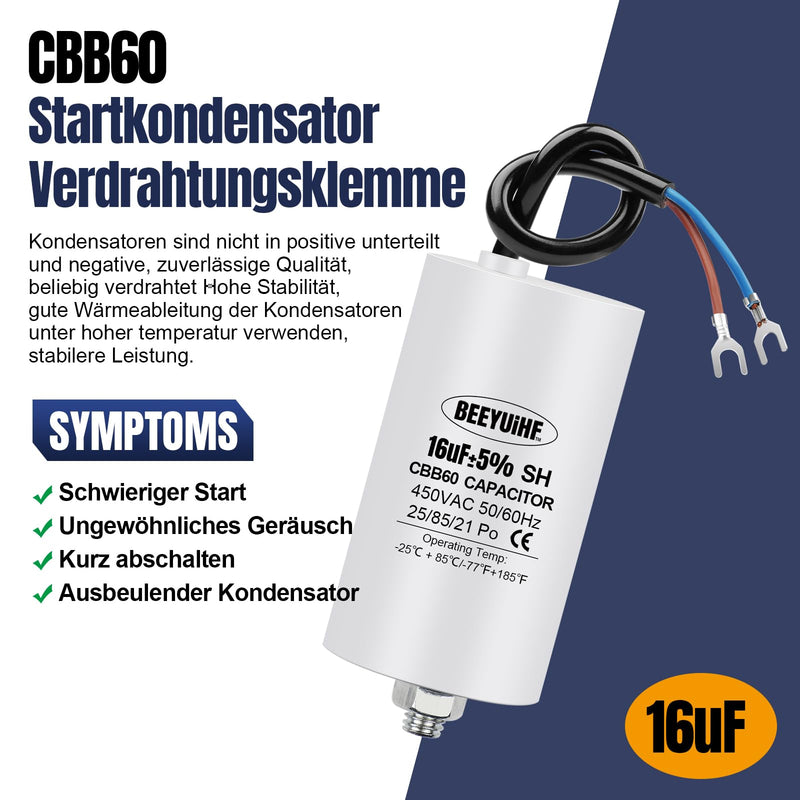 BEEYUIHF CBB60 Motor Capacitor 16µF 450V Capacitor 50/60Hz Starting Capacitor 16uF Motor Running Capacitor with Connection Cable for Electric Motor 40 x 73 mm 16μF / 16uF