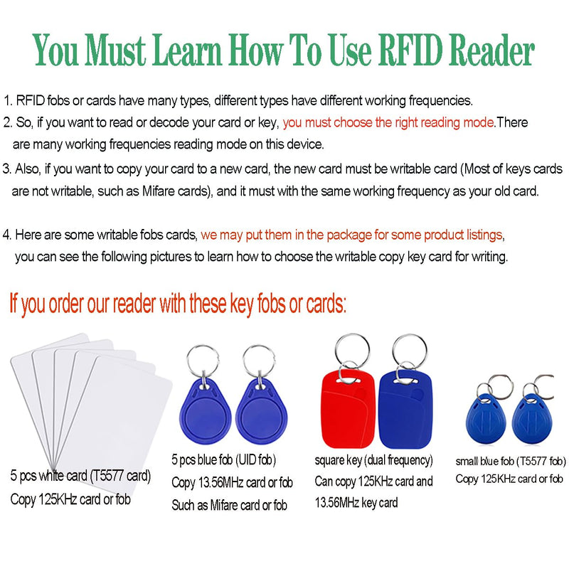 Multi Frequencies RFID Reader Writer Duplicator, RFID Smart Card Programmer, Access Control Card Decoder, with Writable Key Fobs Cards, Free Software, Only Work for Access Control Cards