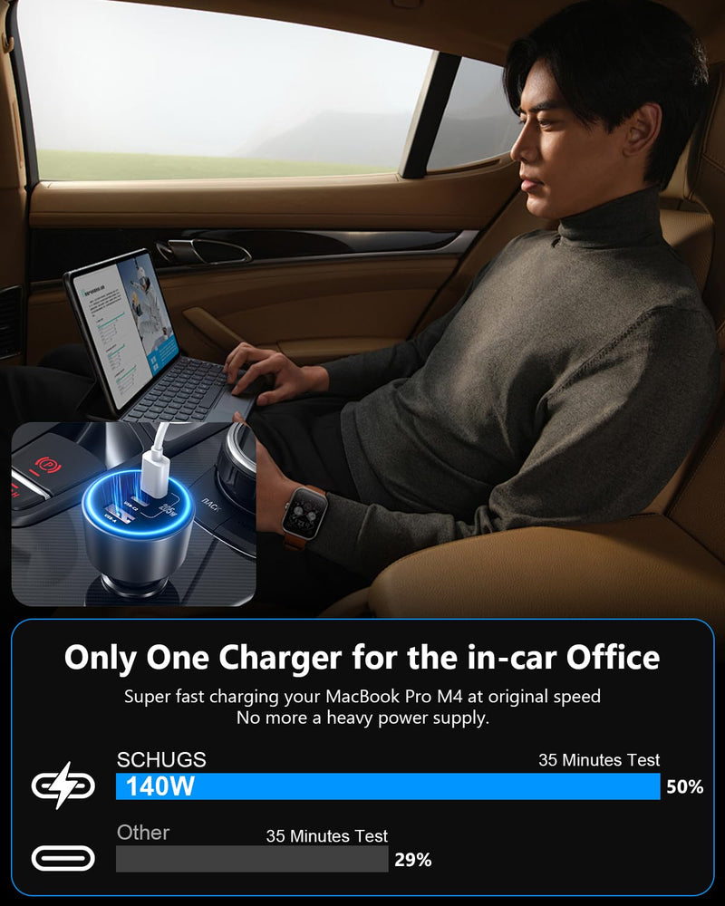 SCHUGS 205W Super Fast Car Charger, USB C PD3.1/QC5.0 3-Port for iPhone 16/Samsung S25/MacBook, 12V-24V Truck Charger with LED & 6 Protections