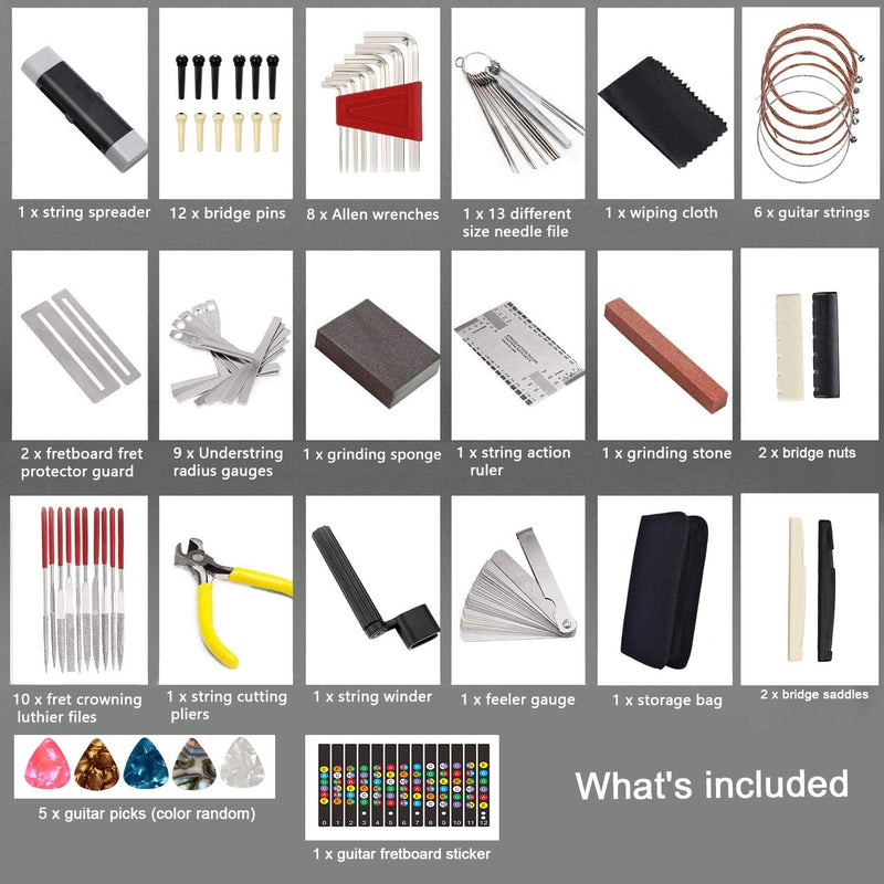 72PCS Guitar Tool Kit，Professional Guitar Repairing Maintenance Tool Kit with Guitar Strings Picks Bridge Pins Gauge Guitar Accessories Gift for Acoustic Guitar Electric guitar Ukulele Bass Banjo