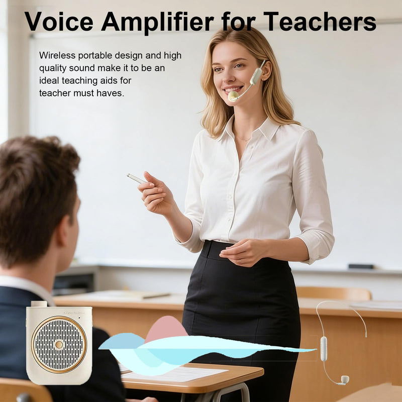 [AUSTRALIA] - Voice Amplifier with Wireless Microphone Headset, Voice Amplifier Wireless Microphone for Teachers, Mini PA System Speaker, Portable Voice Amplifier for Classroom, Speech,Tour Guide (Cream) 