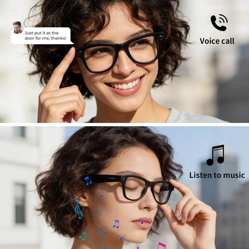 AI Smart Glasses with Camera Stabilization - 8MP POV Video Recording, Real-Time AI Translation, Smart Assistant, Dual-Mic Noise Canceling for Travel & Meetings - Anti-Blue Light, Black Frame