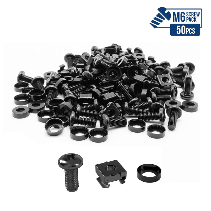 50 Pack of Black M6 Cage Nuts & Screws for Rack Mount Equipment Server 19x10"Cabinet, Patch Panel, Server Shelves Fixing & Installation Screws & Cage Nuts Wall Mount Server Network Enclosure 50