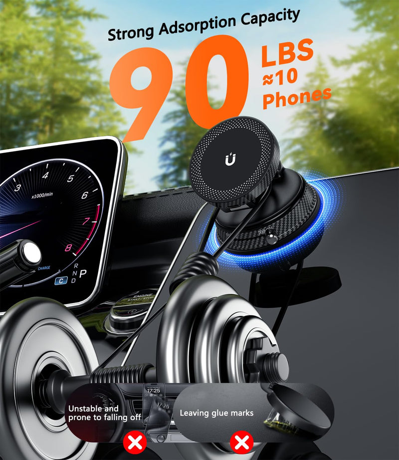 15W Fast Charging Car Phone Holder, [Strong Magnetic & Upgraded Vacuum Suction Cup] 360° Rotation Auto Phone Holder, Car Mount Wireless Charger for Magsafe iPhone 17-12 Series