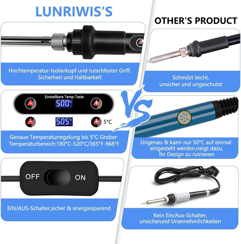 Lunriwis Soldering Iron Set, 80 W LCD, with Temperature Adjustable 180-500 °C Soldering Iron with On/Off, Soldering Tool with 5 Soldering Tips, 50 g Soldering Wires, Desoldering Pump, Soldering Iron