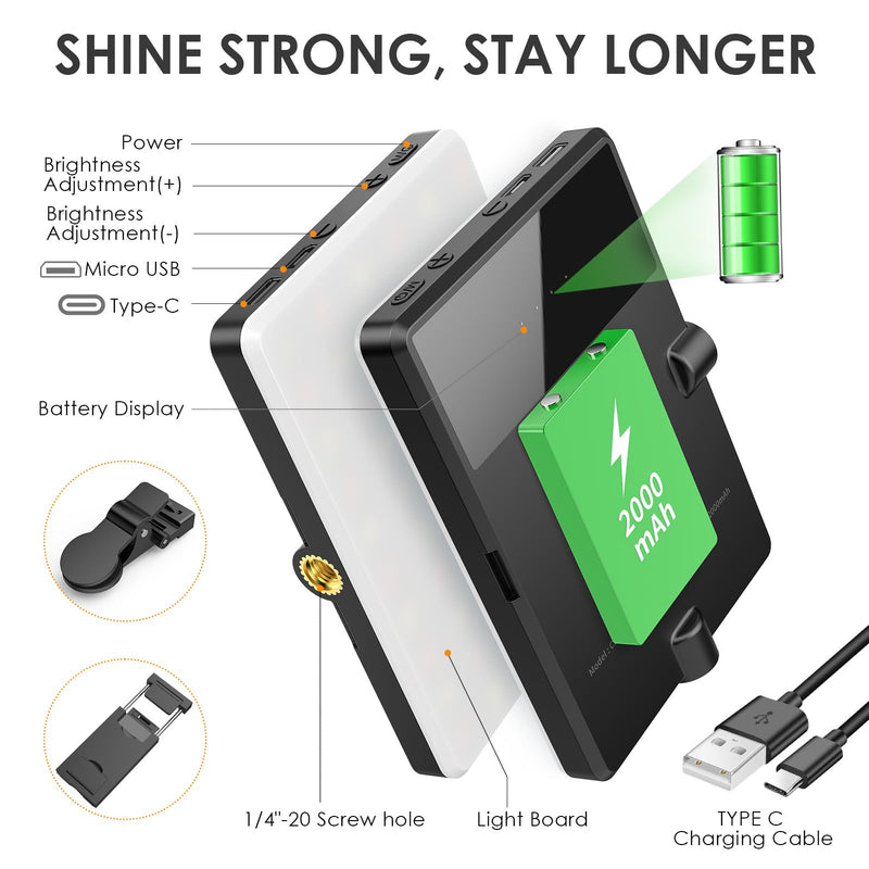 Selfie Light Portable Phone Light, Eagerey 60 LED Rechargeable Fill Light with Front & Back Clip, CRI 95, 3 Light Modes, Clip on Light for TikTok Tablet/Laptop, iPad, Conference Vlog Video Black